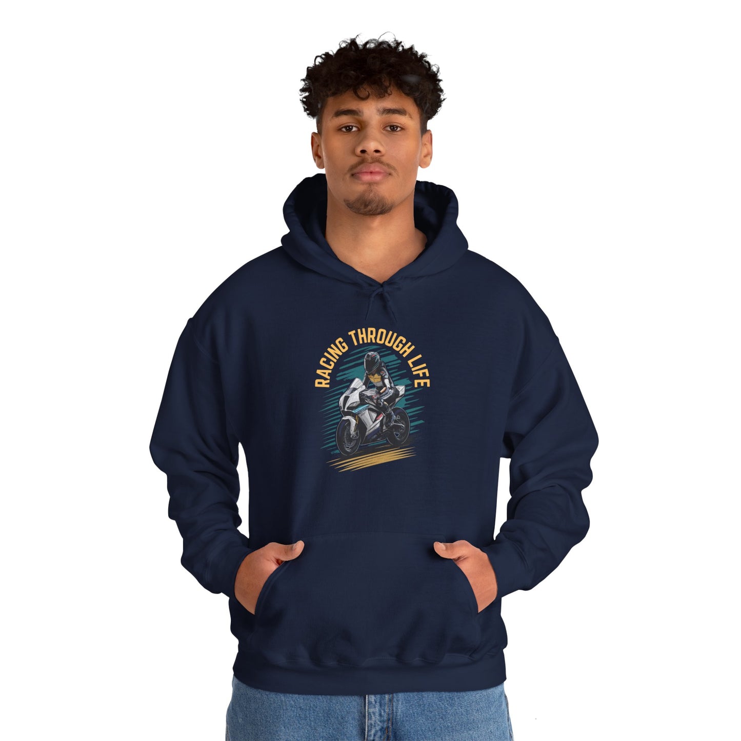 "Racing Through life" Curved text hoodie sweatshirt