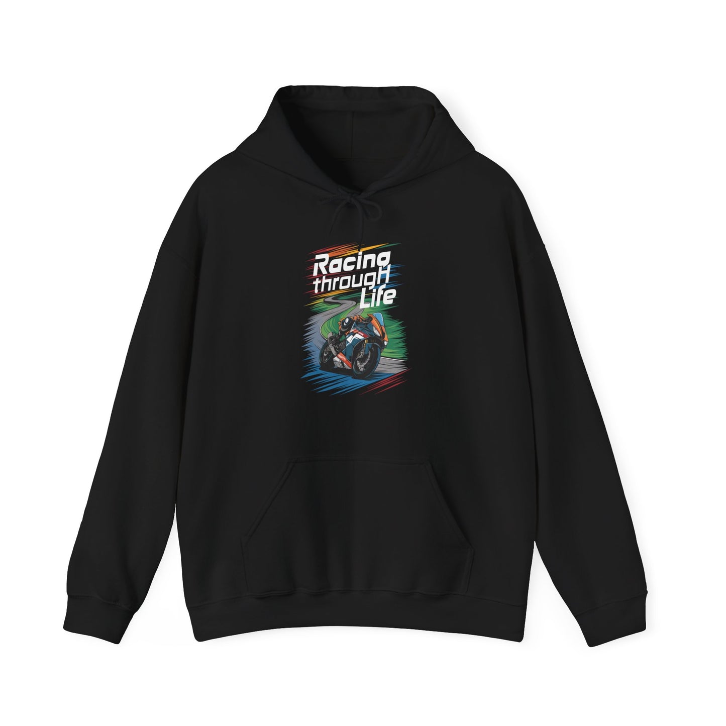 "Racing Through life" white text hoodie sweatshirt