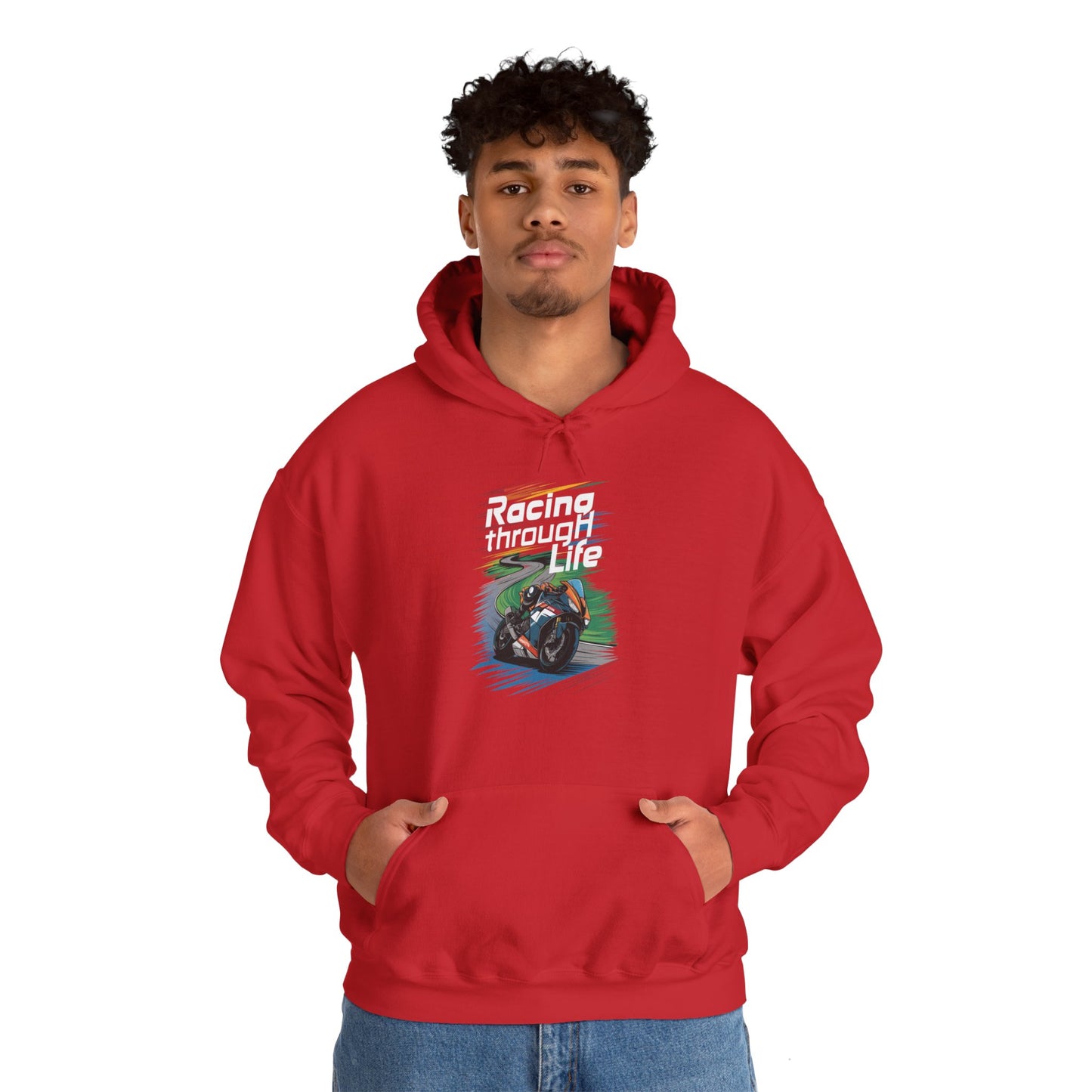 "Racing Through life" white text hoodie sweatshirt