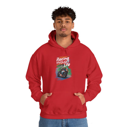 "Racing Through life" white text hoodie sweatshirt