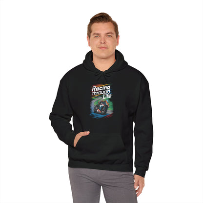 "Racing Through life" white text hoodie sweatshirt