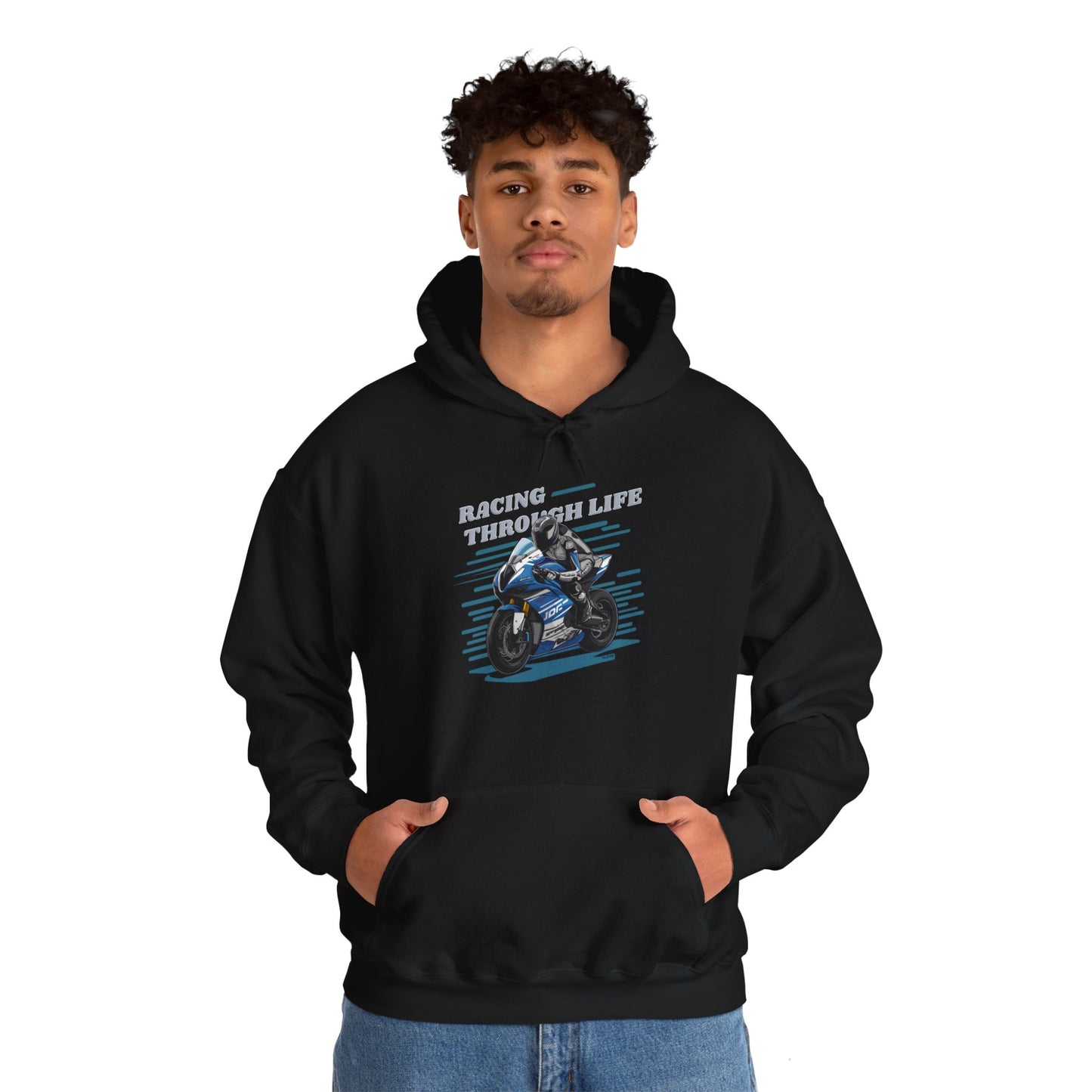 "Racing Through Life" Straight text hoodie sweatshirt